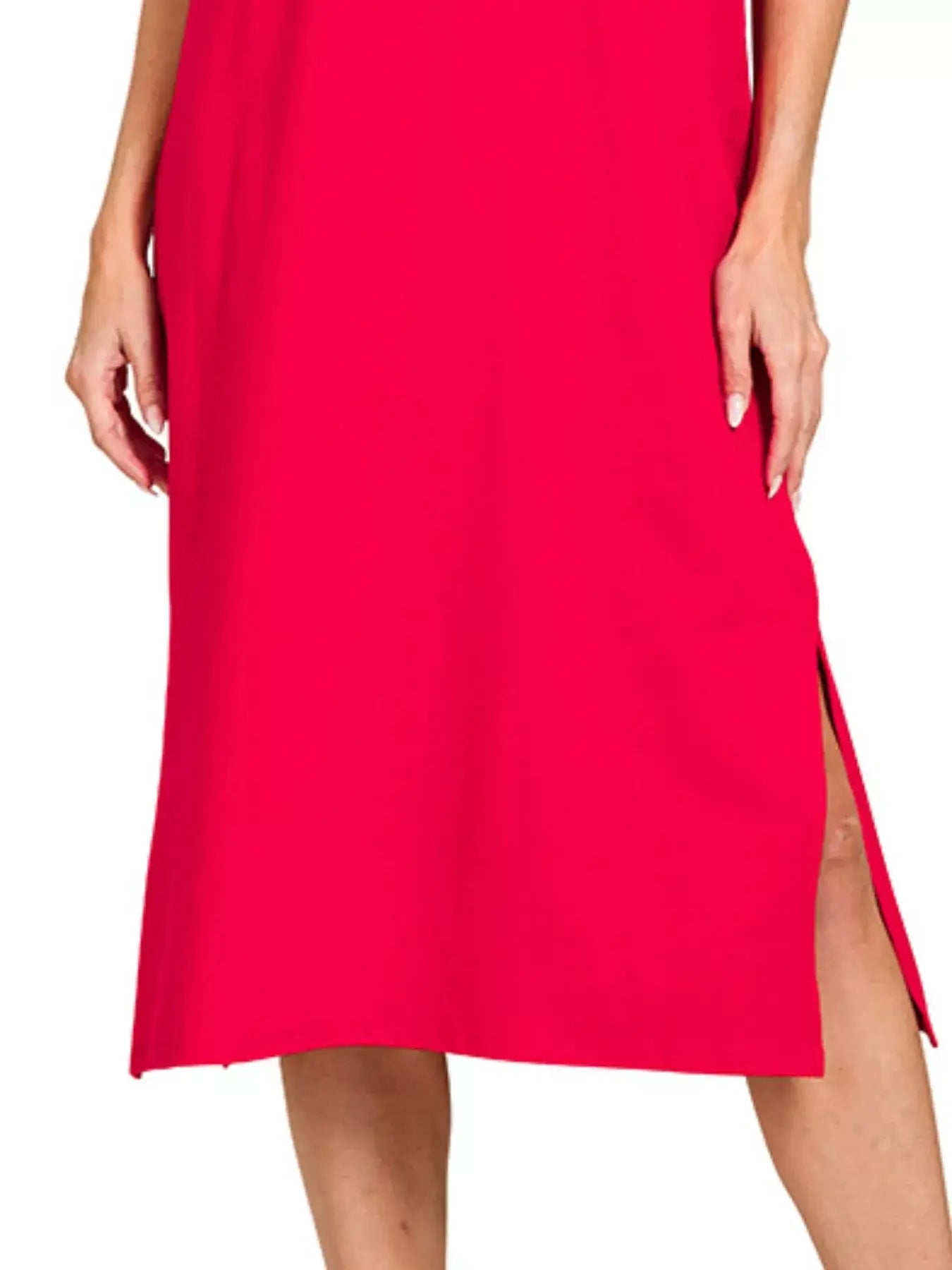 Close-up of the side slit on the Zenana Round Neck Side Slit Midi Dress in vibrant red, highlighting its modern design.