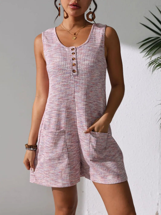 Full Size Button Front Romper with Pockets in pink and white with pockets and button detail.