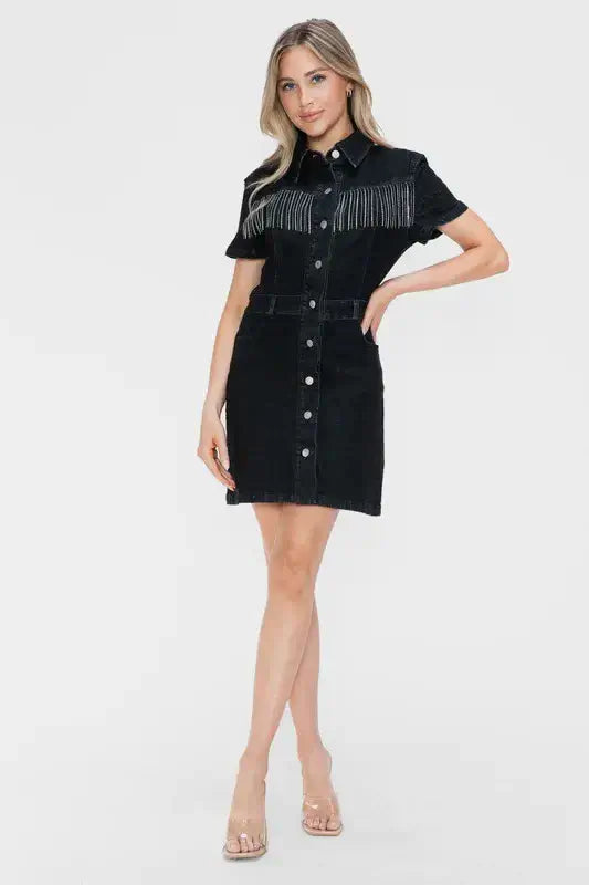 Bytos embellished button down short sleeve denim dress with fringe details, perfect for casual or semi-formal occasions.