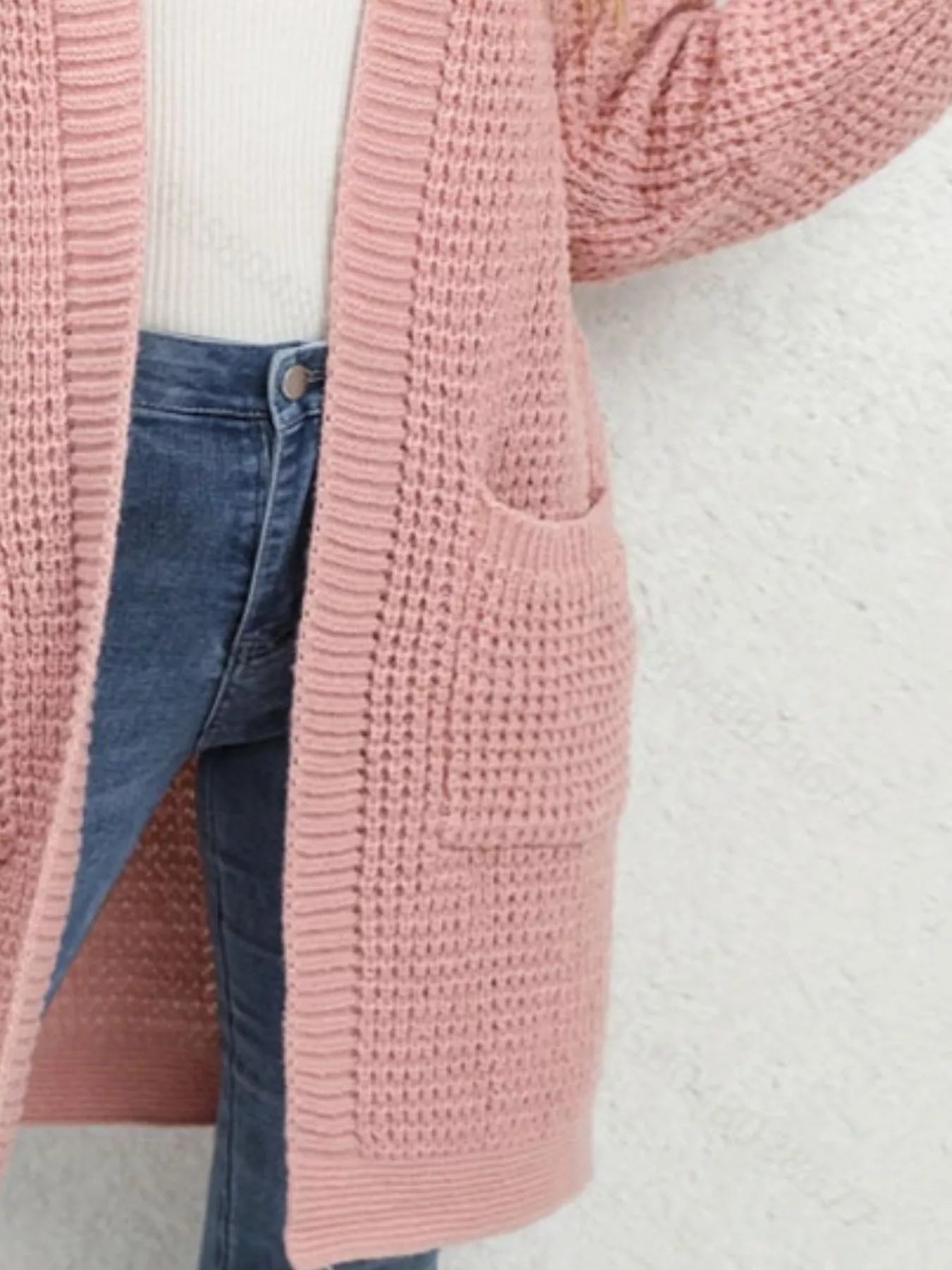 Chunky Knit Open Front Cardigan in soft pink color, featuring a textured knit and pockets, perfect for cozy layered style.