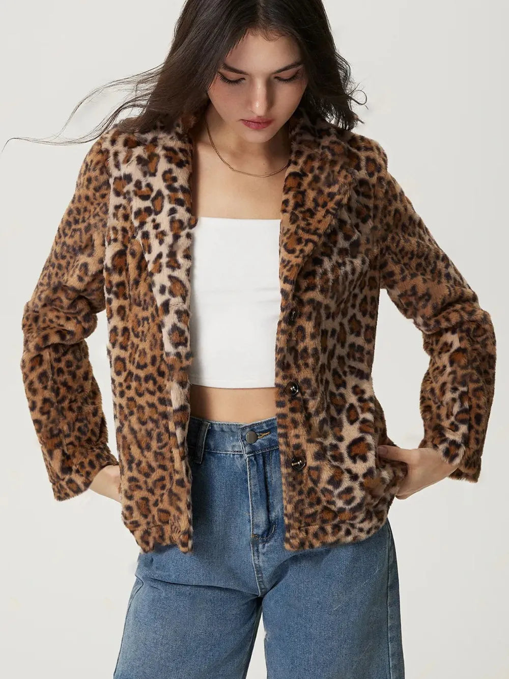 Fuzzy Leopard Collared Neck Jacket for stylish everyday wear, featuring a buttoned front and soft leopard print.
