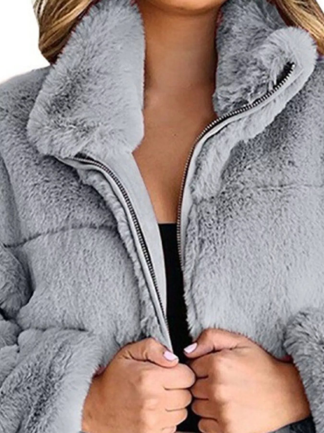 Faux Fur Cropped Zip-Up Jacket in gray with oversized collar and zipper for cozy cold-season style.