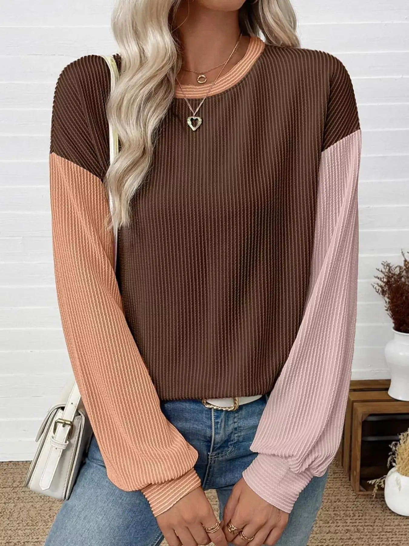 Color Block Ribbed Long Sleeve T-Shirt in brown, pink, and peach, perfect for casual chic outfits.