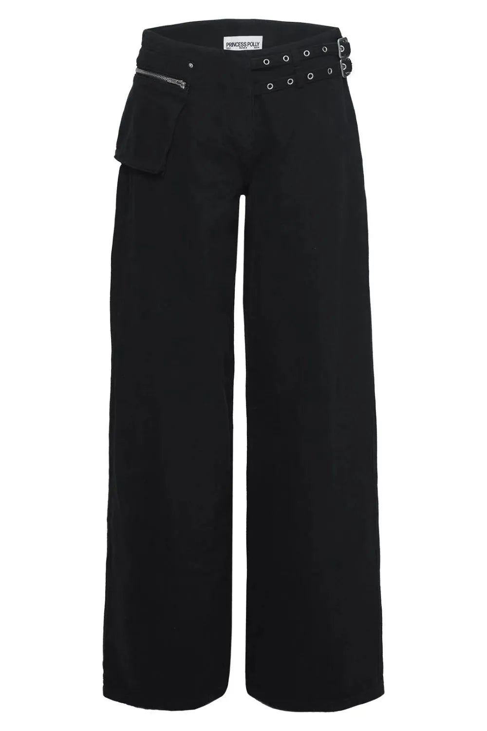 Wide Leg Jeans with Pockets in black, featuring a side pocket and a stylish belt design.