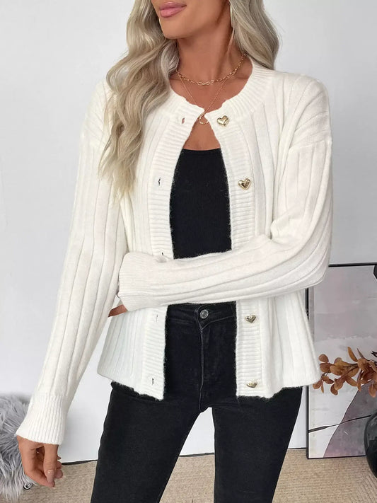 Ribbed Button Up Long Sleeve Cardigan in white worn with black top and jeans, showcasing a cozy classic style.