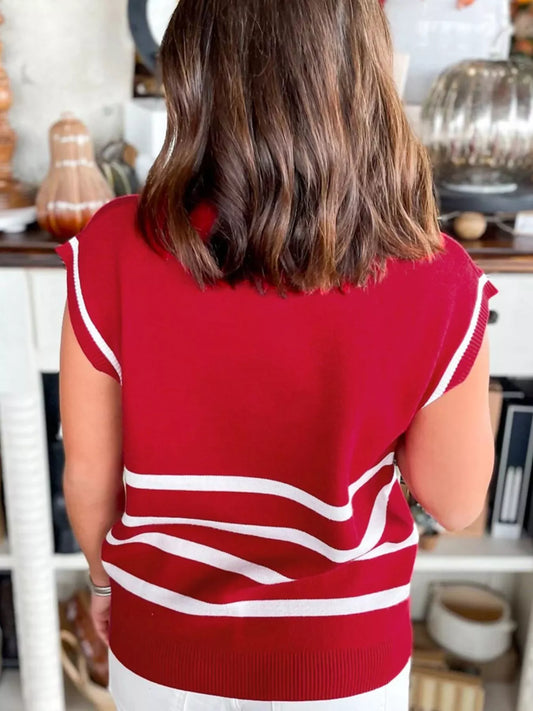 Back view of a woman wearing a Striped Zip-Up Collar Sweater Vest in red with white stripes, perfect for modern layering.