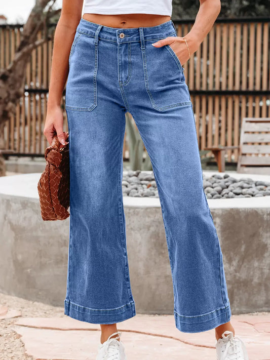 High-Waisted Wide Leg Flare Jeans in light wash, featuring a flattering fit and stylish wide leg cut.