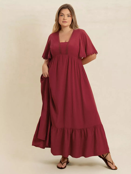 Plus Size Lace Detail Flutter Sleeve Maxi Dress in burgundy with lace accents and flutter sleeves.