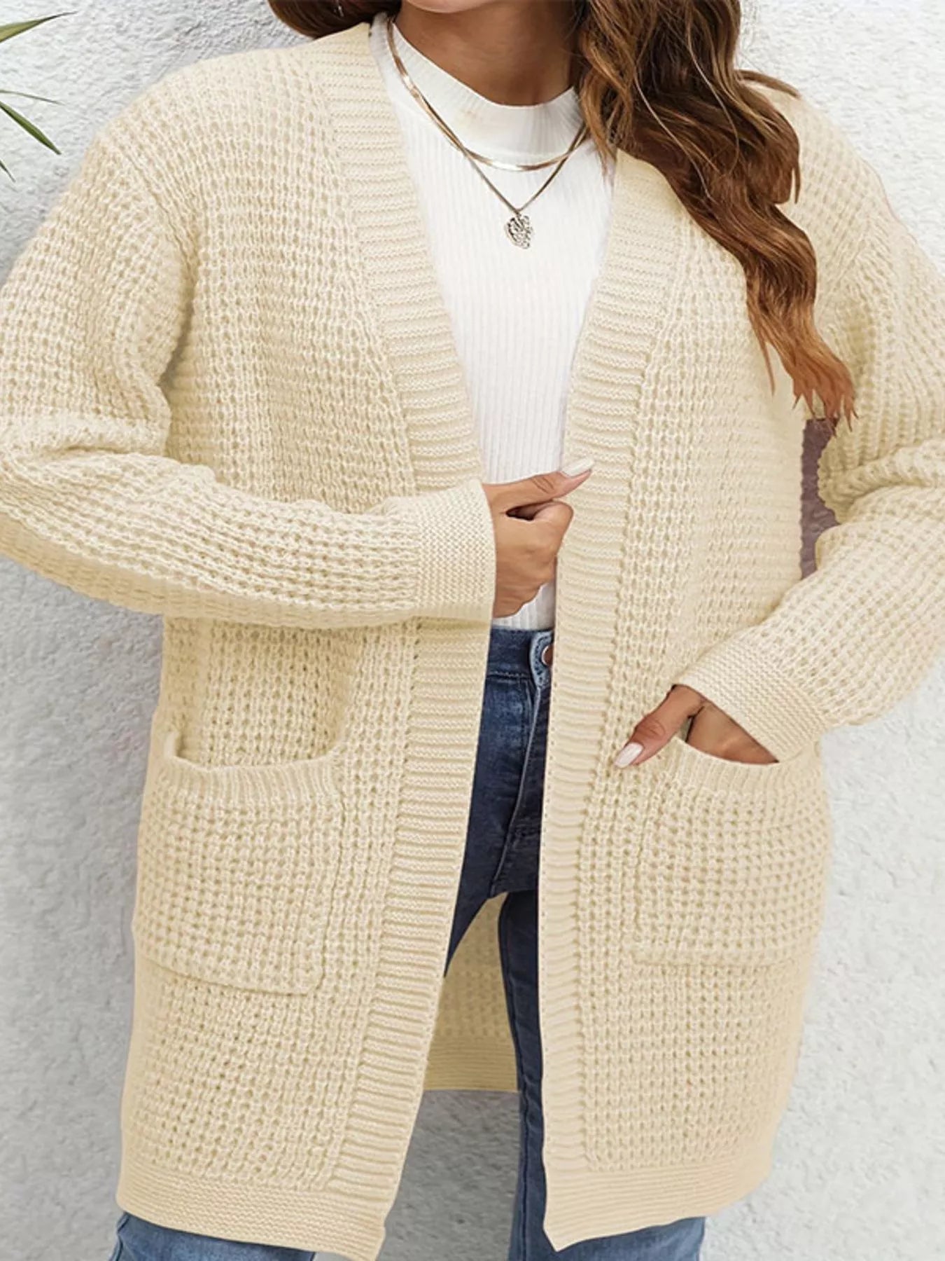 Chunky Knit Open Front Cardigan in soft beige color with pockets, perfect for cozy layered style.