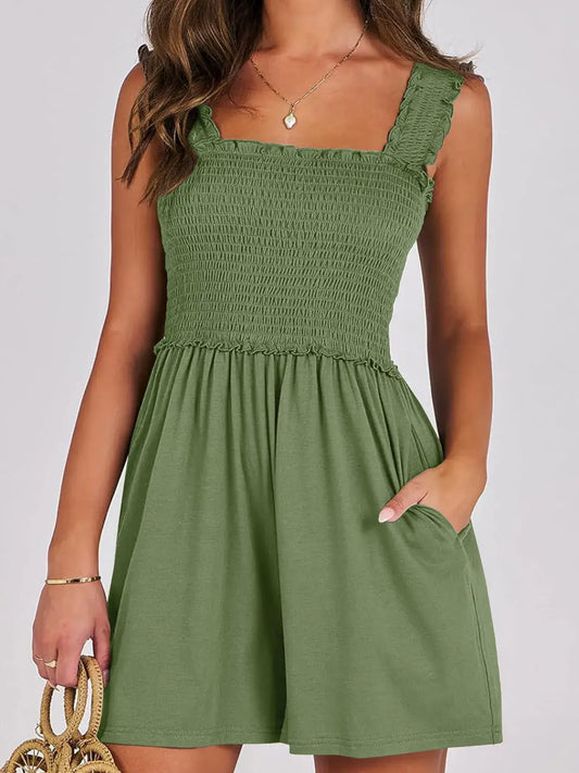 Smocked Square Neck Summer Romper in green with smocked bodice, square neckline, and functional pockets.