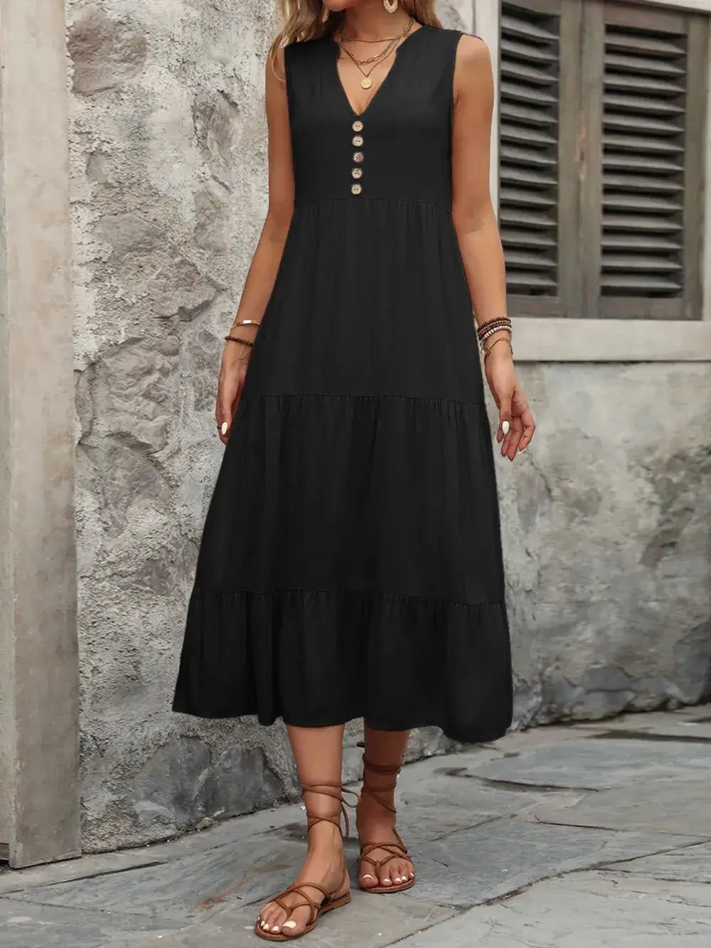 Ivy Lane Decorative Button Notched Sleeveless Dress – Casual Chic, black sleeveless dress with decorative buttons.