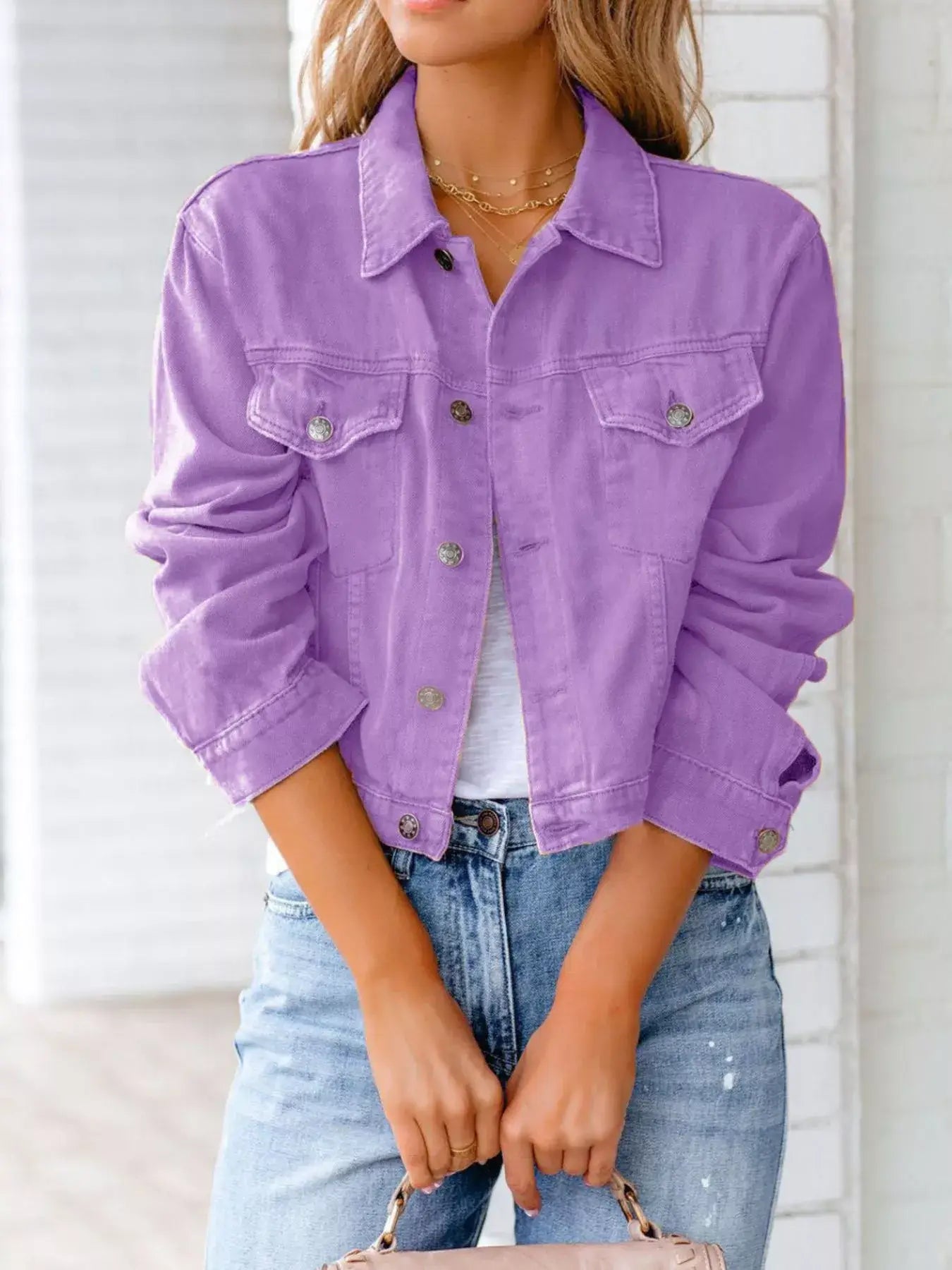 Lavender button-up long sleeve denim jacket for women, styled with casual jeans, perfect for versatile outfits.