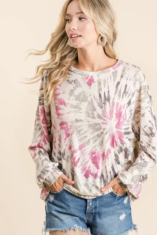 BiBi Tie Dye Print Terry Pullover in pink and gray, perfect for casual outings and everyday style.