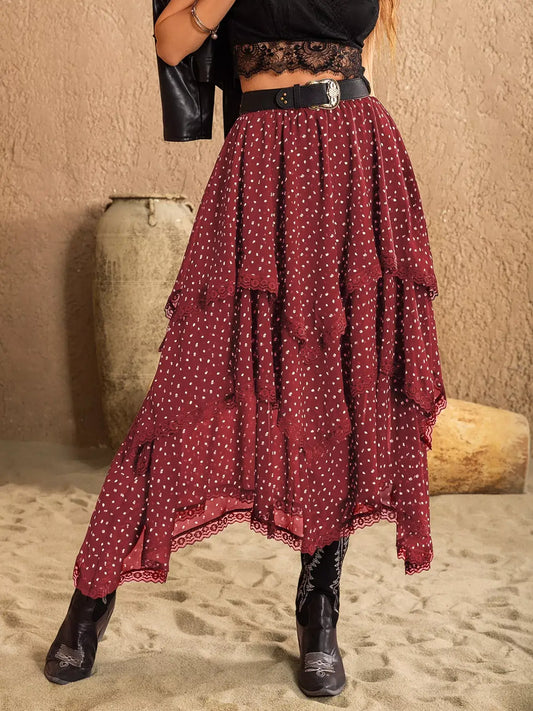 Lace Detail Layered Skirt featuring a flowing tiered design in burgundy with delicate lace details, perfect for elegant occasions.