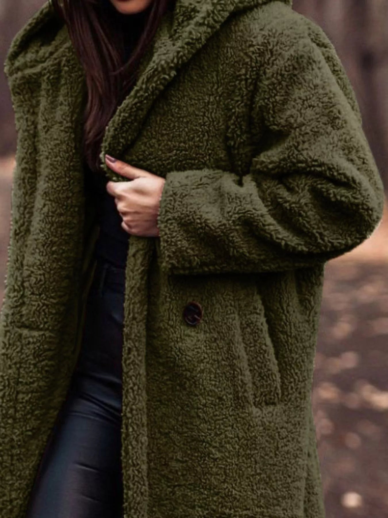 Teddy Bear Hooded Longline Outerwear in olive green color worn by a model outdoors.