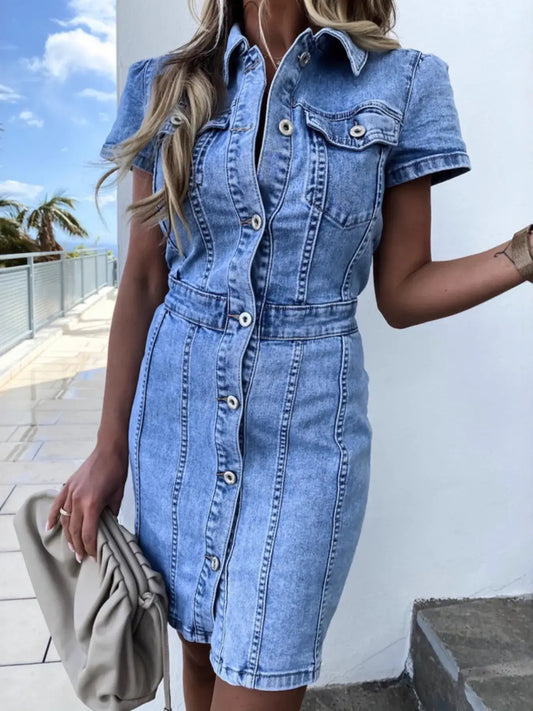 Button Front Short Sleeve Denim Dress worn by a model outdoors, showcasing its stylish design and fit.