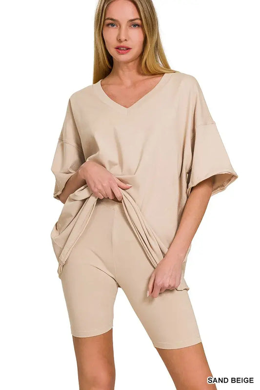 Zenana Cotton V-neck Top & Biker Shorts Set for Women in sand beige color, showcasing a comfortable and stylish outfit.