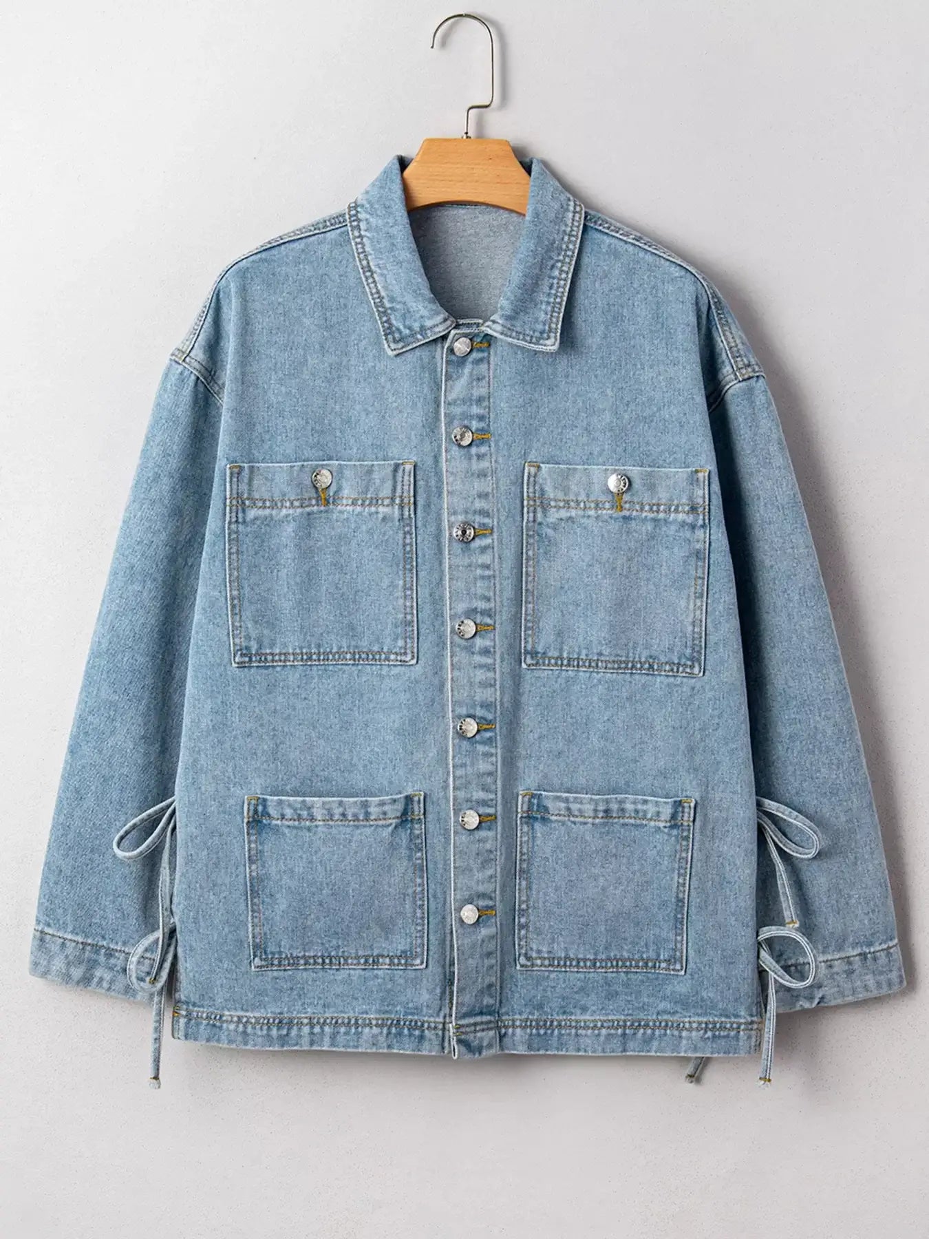Patched Pockets Side Tie Denim Jacket for Women - unique design with side-tie closure and practical pockets.