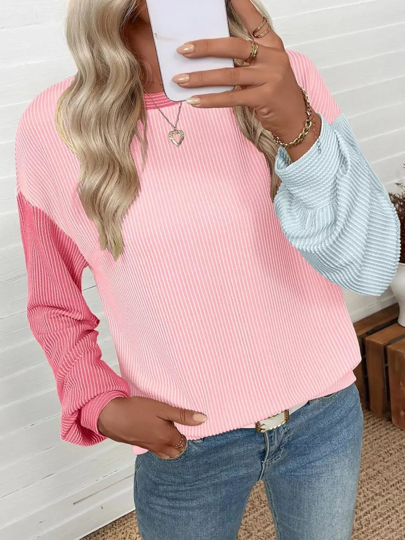 Color Block Ribbed Long Sleeve T-Shirt in pink and blue, styled with casual jeans and accessories.