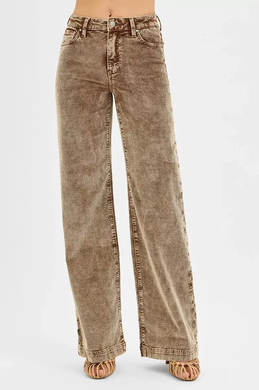 RISEN High Rise Wide Leg Corduroy Jeans in brown, offering a retro style with modern comfort and a flattering silhouette.