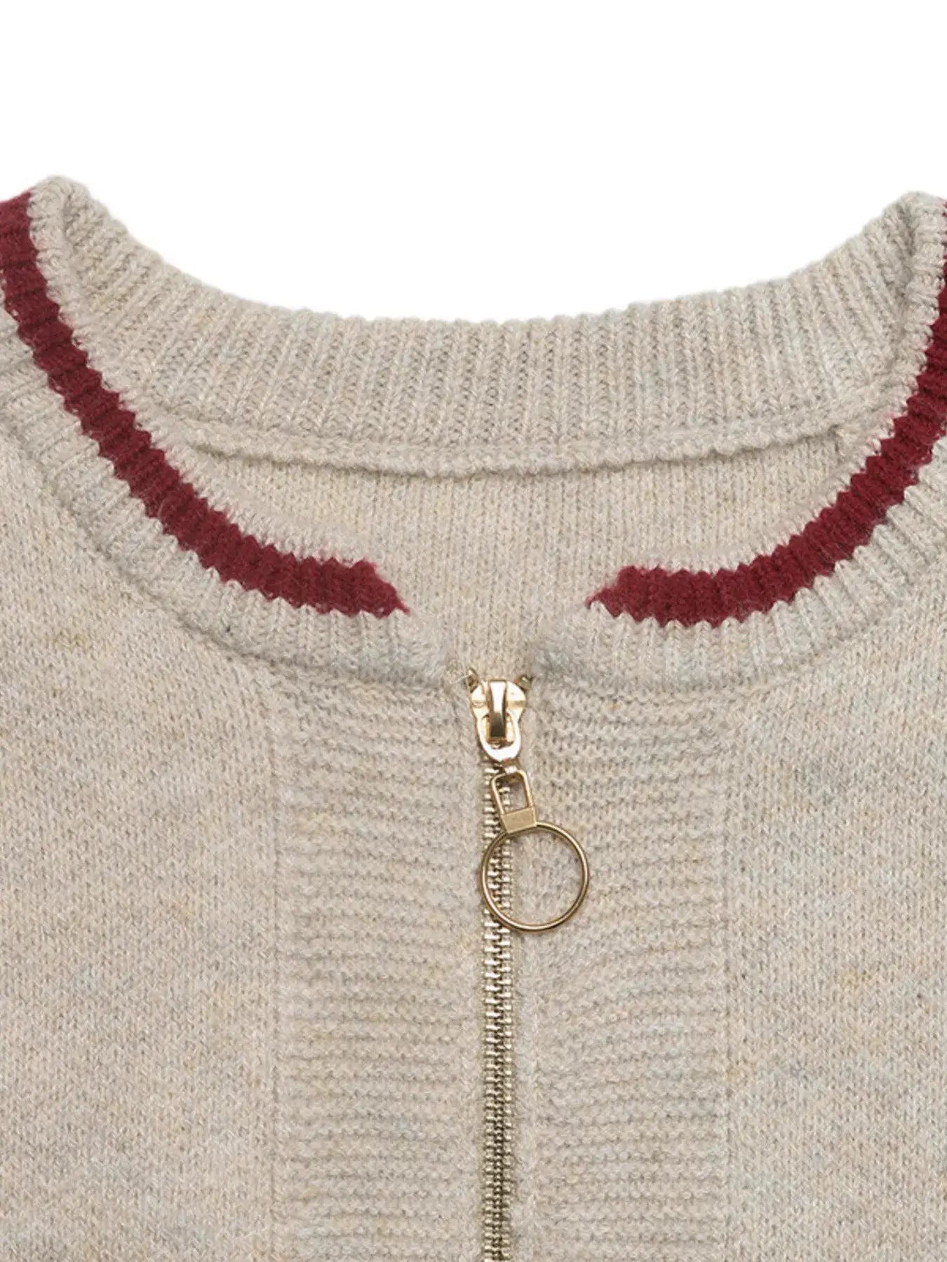Close-up view of the collar and zip detail of the Zip Up Contrast Trim Cardigan.