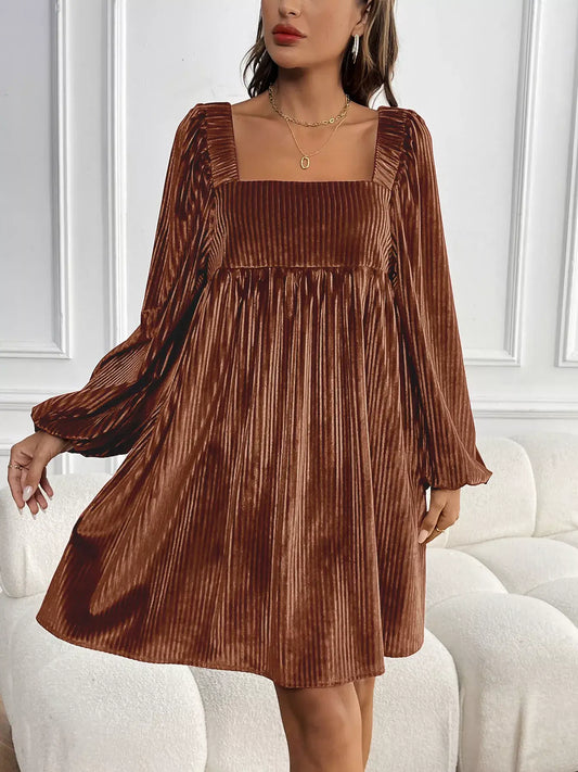 Velvet Square Neck Long Sleeve Dress displayed on model, showcasing elegant and sophisticated style in rich brown color.