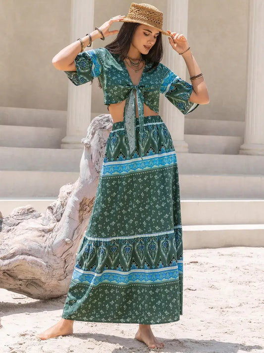 Tie Front Half Sleeve Top and Skirt Set for Women showcased on a model in a styled outdoor setting.