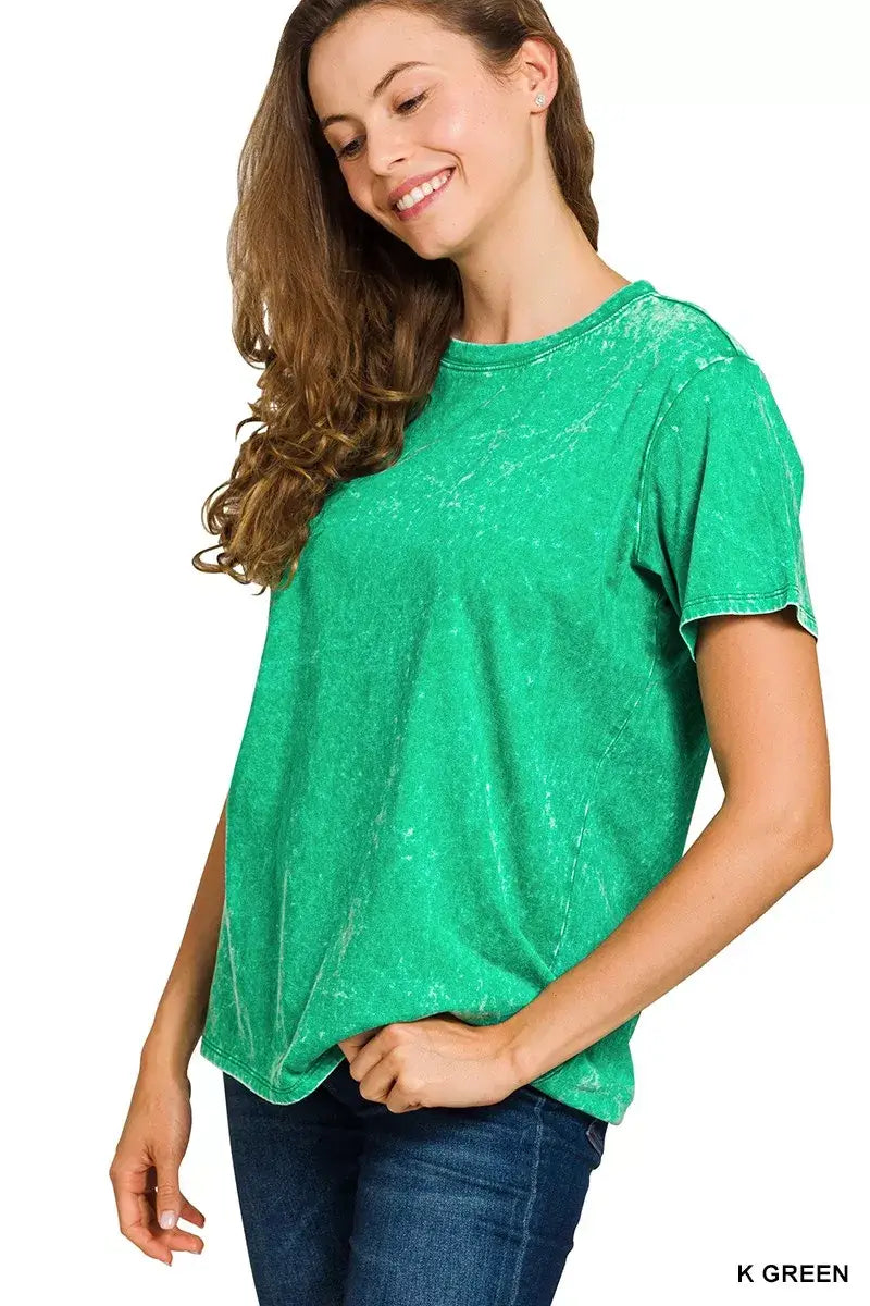 Zenana Washed Short Sleeve T-Shirt in vibrant green, showcasing a casual and comfortable everyday style.