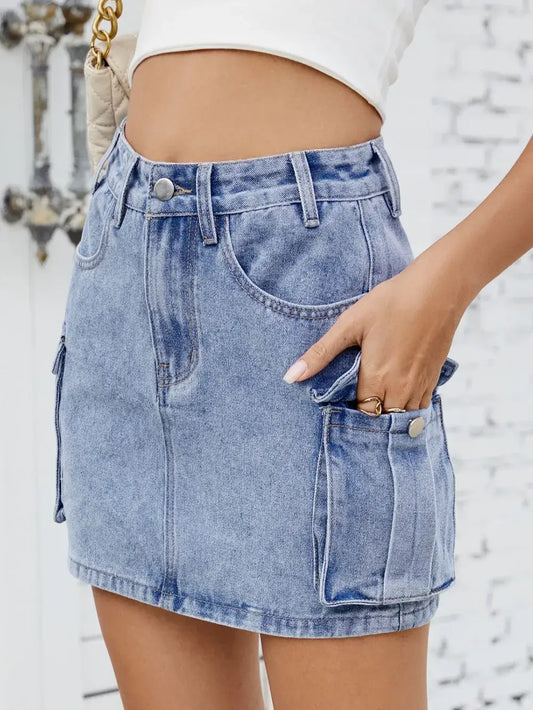 Cargo denim skirt for women showcasing functional pockets, perfect for casual and trendy outfits.