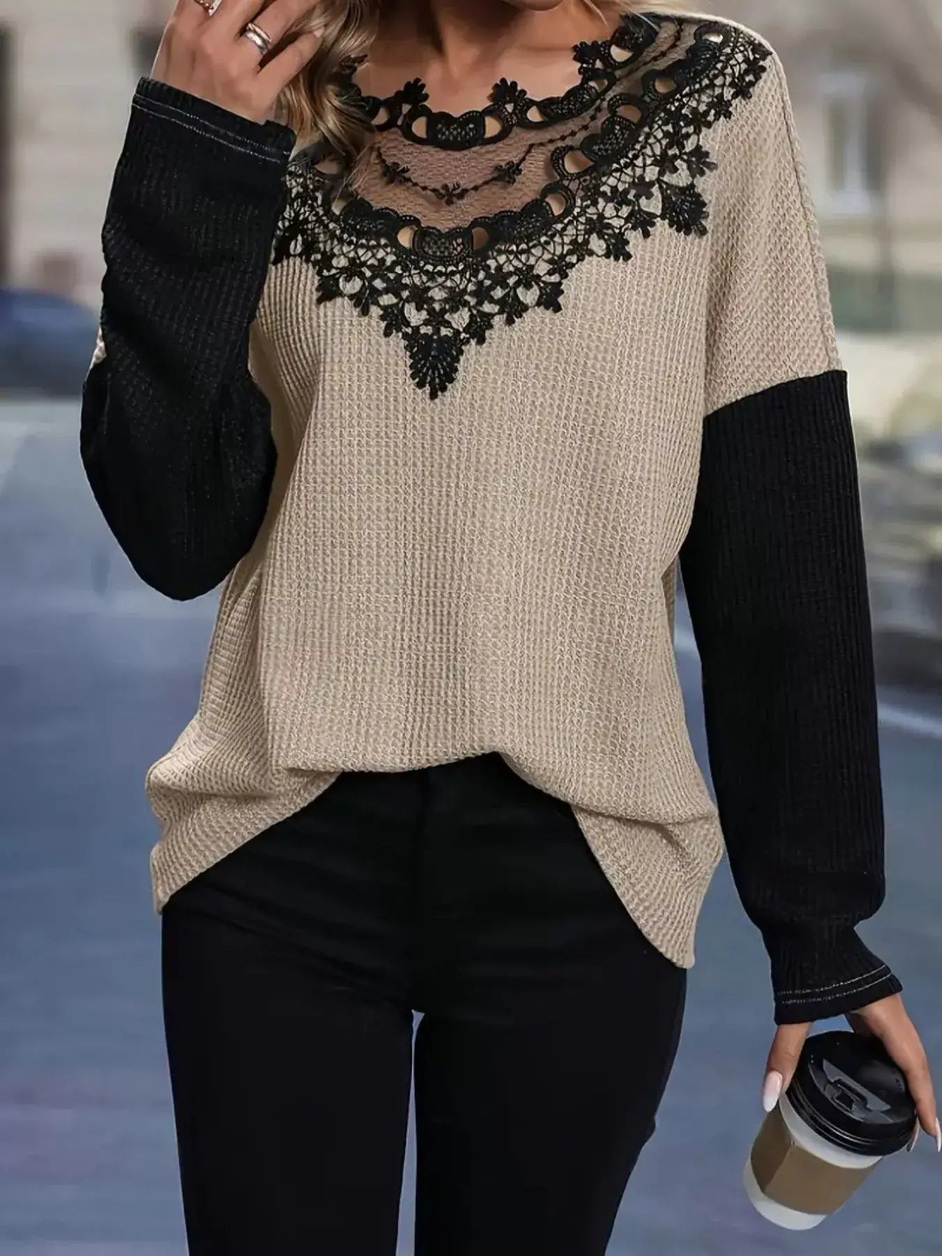Elegant lace detail color block long sleeve t-shirt in beige and black, perfect for stylish everyday wear.