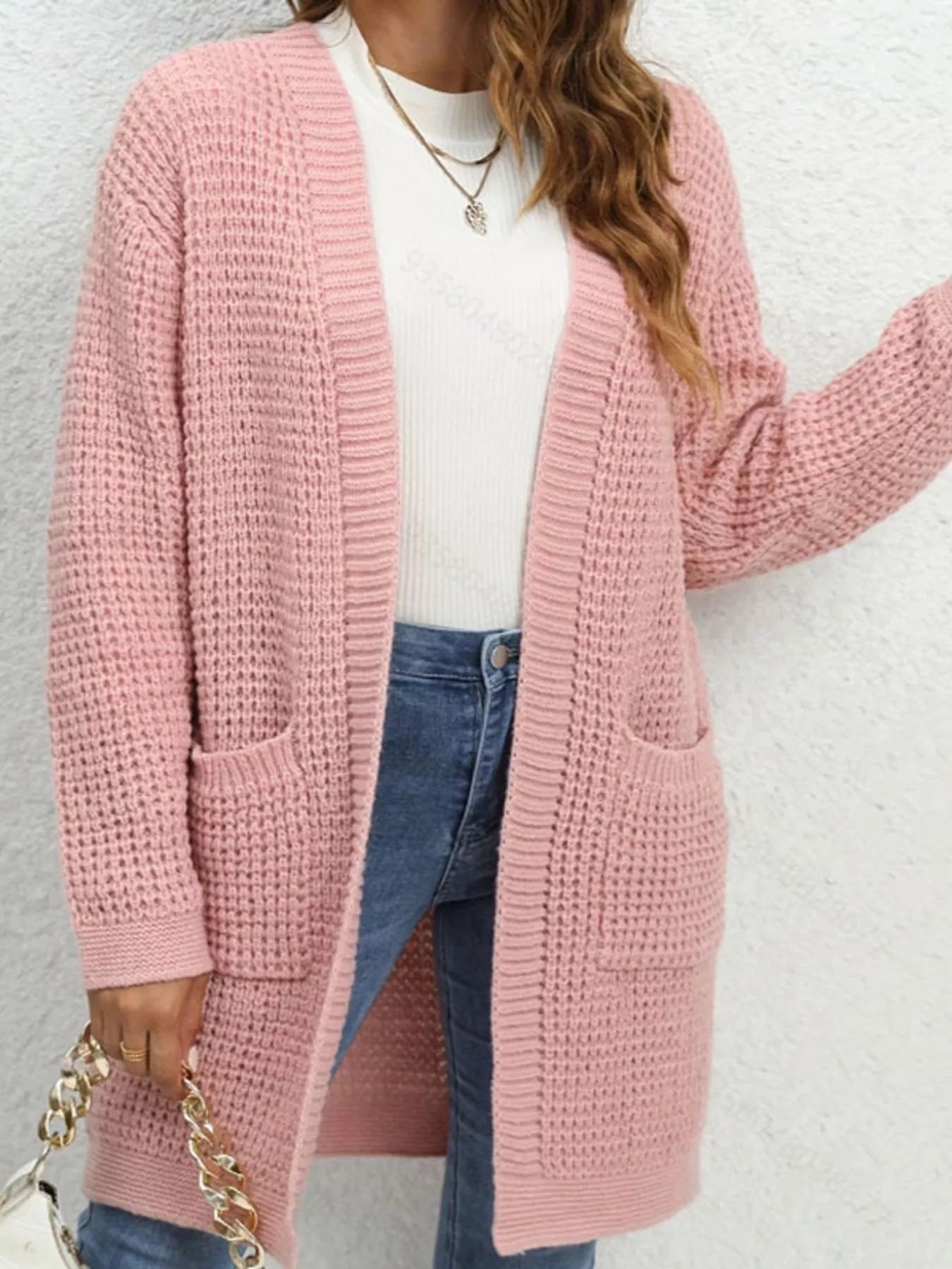 Chunky Knit Open Front Cardigan in soft pink, featuring open front design and pockets, perfect for cozy layered style.