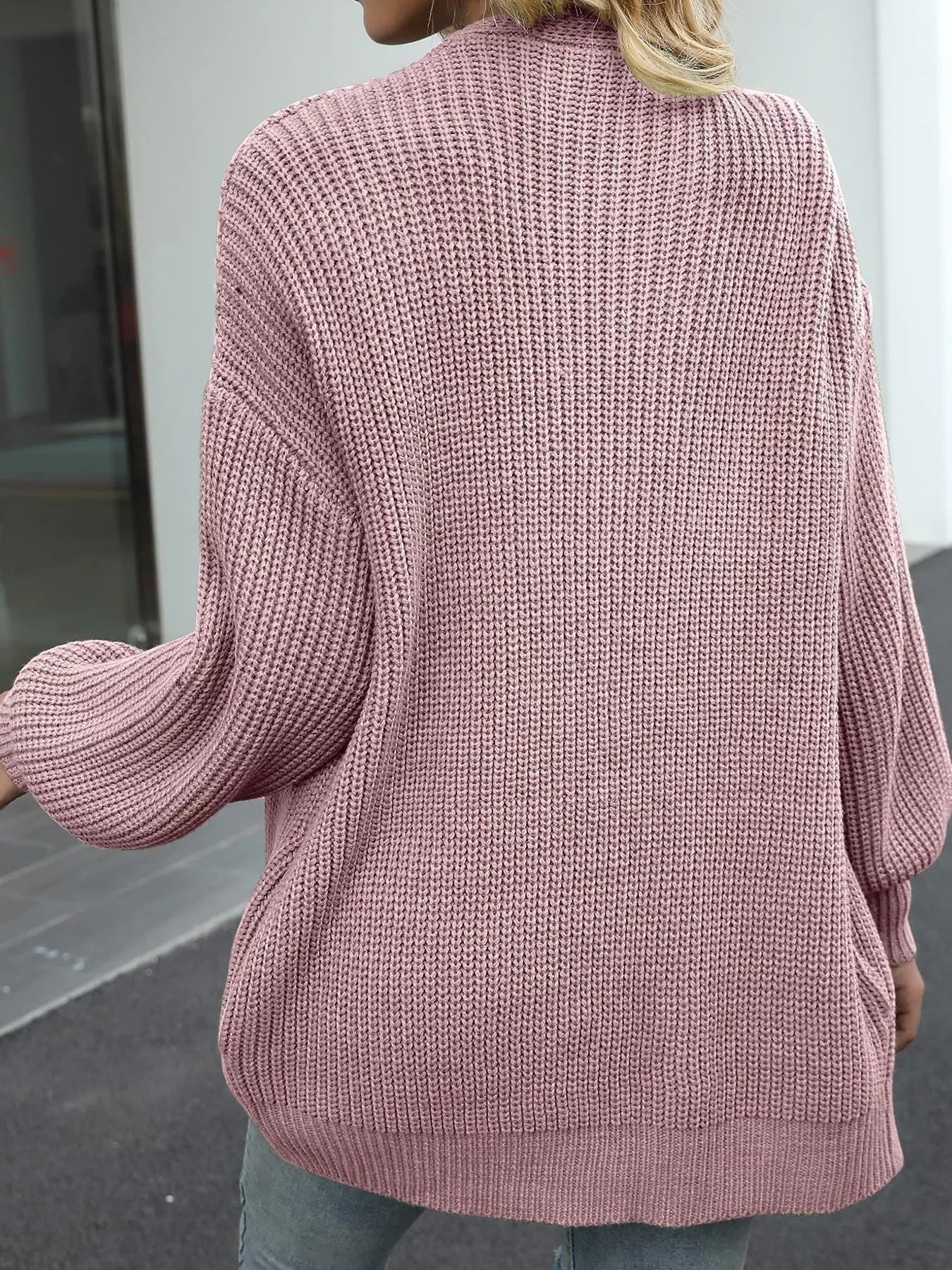 Chunky Knit Open Front Cardigan for Women shown from the back in a soft pink color, featuring an oversized cozy design.