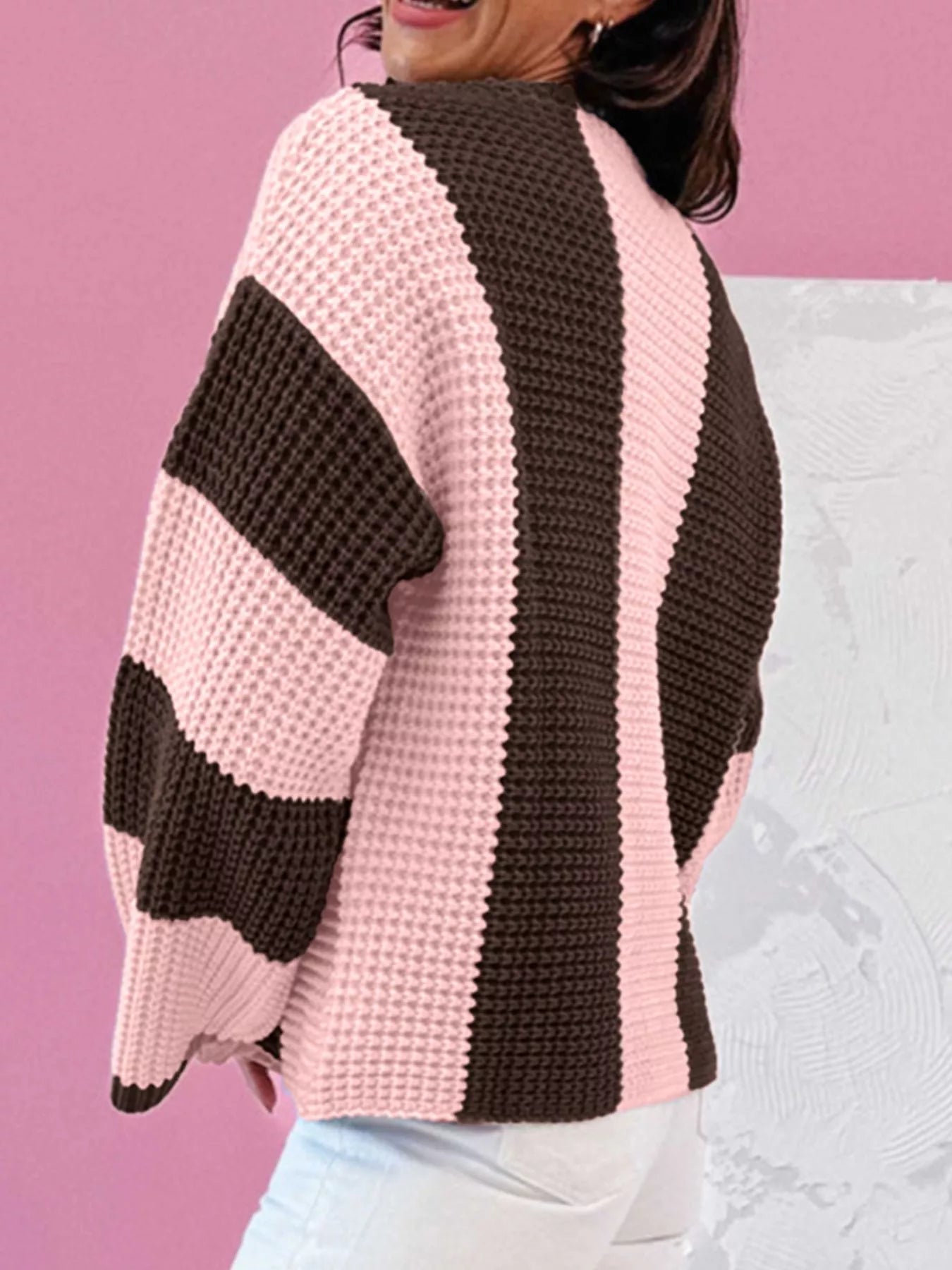 Striped Color Block Waffle Knit Sweater showcasing pink and brown color blocks on a cozy knit fabric.