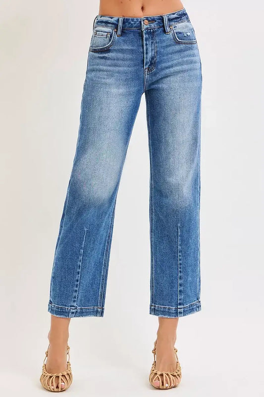 RISEN High Rise Crop Boyfriend Tapered Jeans featuring a cropped length and tapered leg for modern style.