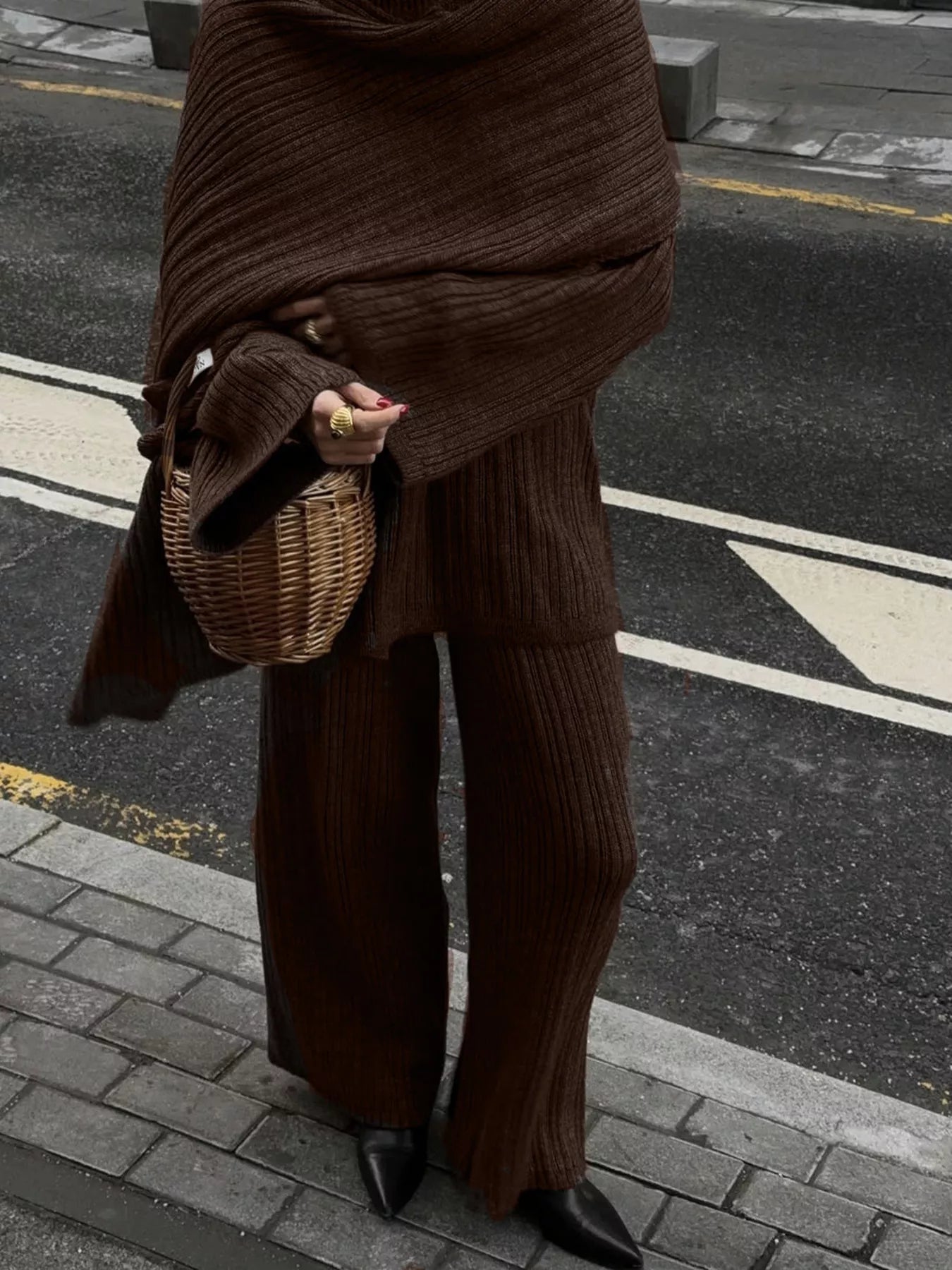 3 Piece Ribbed Sweater and Wide Leg Pants Set with Scarf in a stylish brown outfit, featuring a cozy design and modern accessories.
