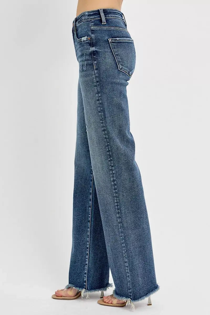 RISEN High Rise Straight Jeans Plus Size showcasing side view, emphasizing tummy control fit and straight-leg design.