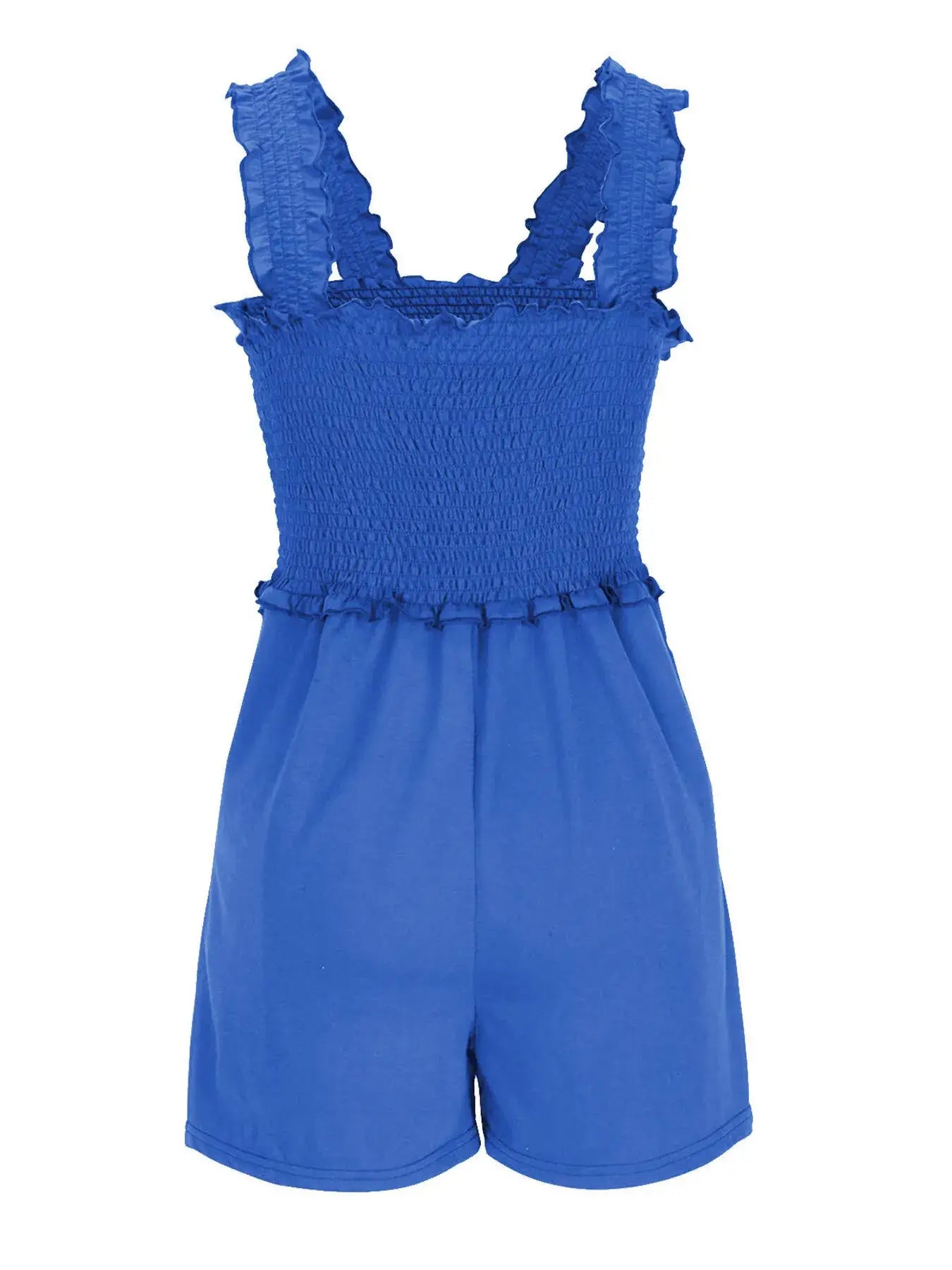 Smocked Square Neck Summer Romper in vibrant blue with ruffled edges and a comfortable smocked bodice.