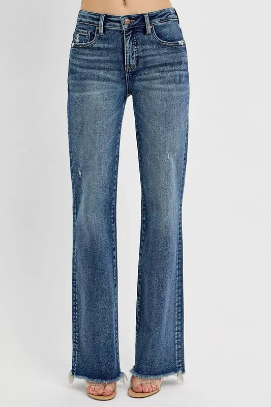 RISEN High Rise Straight Jeans Plus Size with tummy control fit in blue denim for a flattering silhouette.