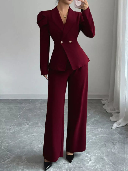 Double-Breasted Blazer and Pants Suit Set in burgundy, featuring a tailored design with puffed sleeves and stylish trousers.