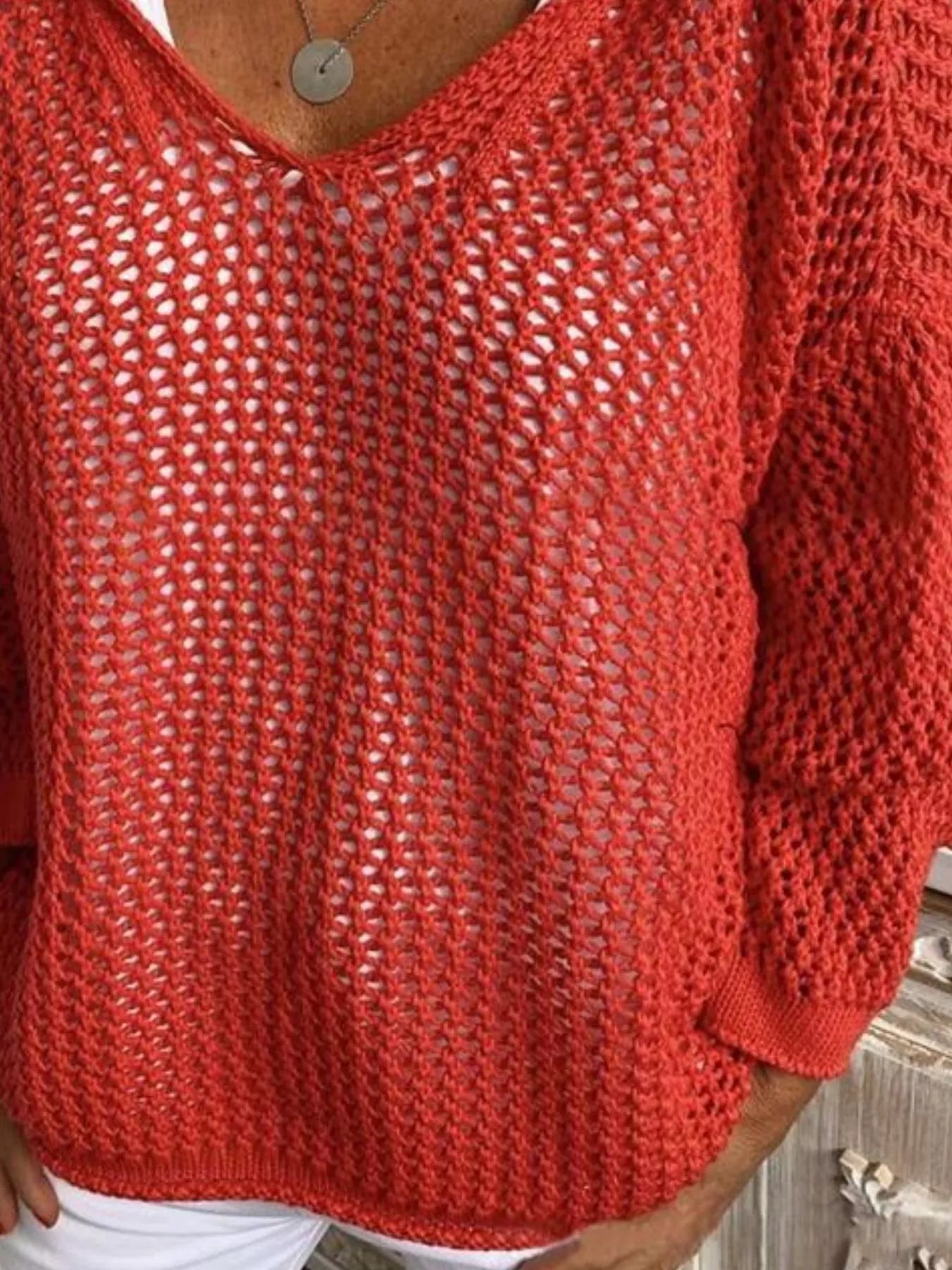 Crochet Hooded Knit Cover Up in vibrant red featuring a cutout design and mesh knit texture.