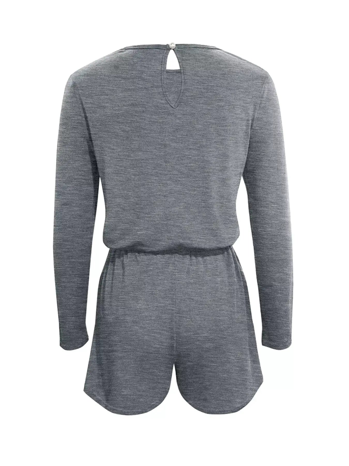 Back view of Long Sleeve Drawstring Romper in gray with a drawstring waist and long sleeves.