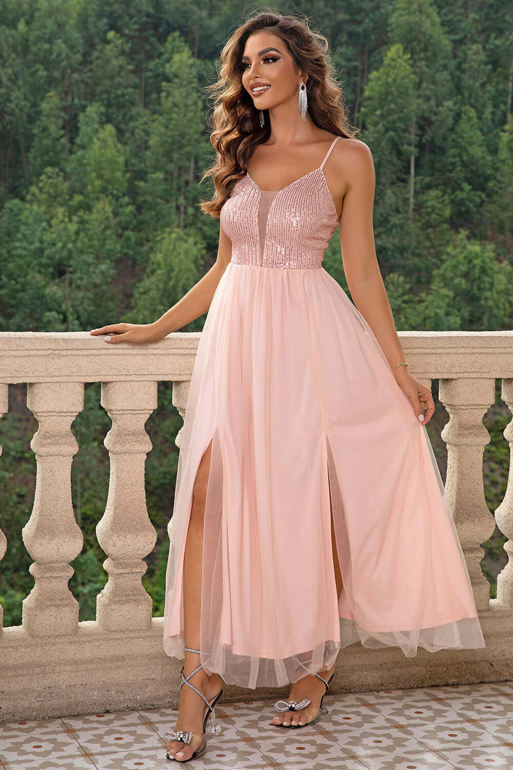 Spaghetti Strap Slit Mesh Dress in soft pink, featuring delicate spaghetti straps and chic side slits, perfect for evening wear.
