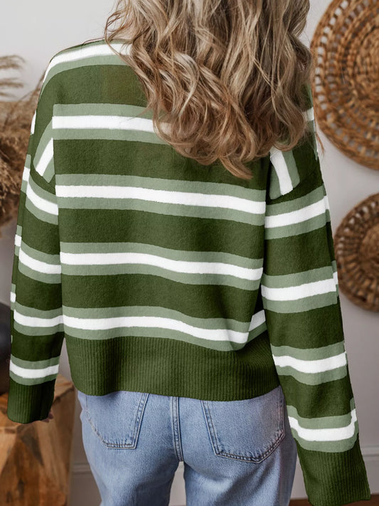 Striped Button-Down Knit Cardigan showing stylish green and white stripes, perfect for cozy layering in everyday outfits.