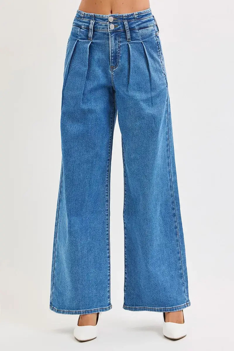 RISEN Pleated Wide Leg Jeans Plus Size in denim, featuring mid-rise fit and stylish pleats for comfort and elegance.