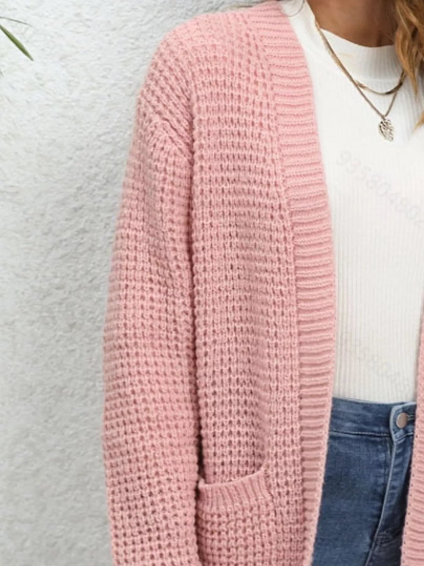 Chunky Knit Open Front Cardigan in soft pink, perfect for cozy layered style with a relaxed fit and open design.