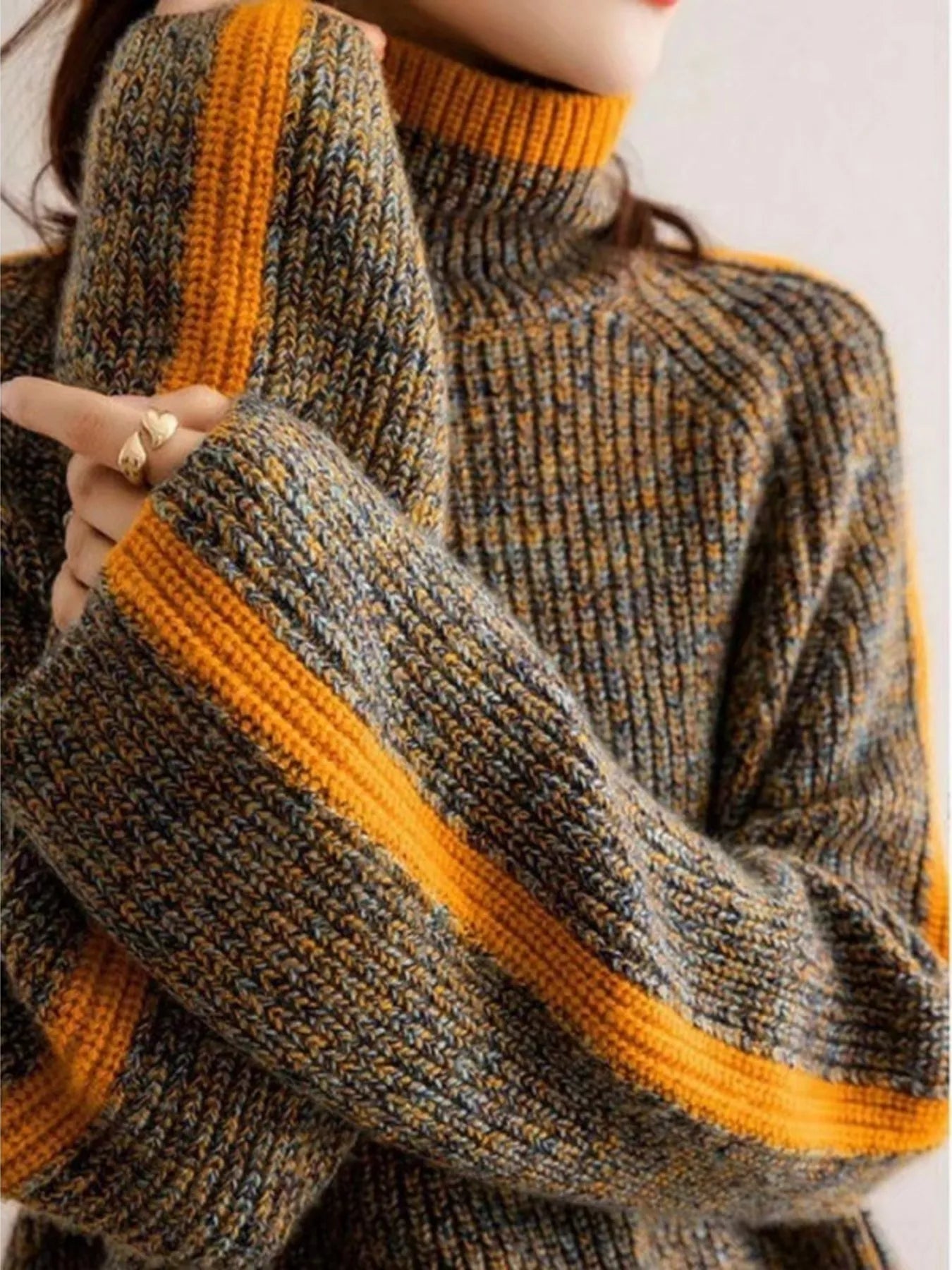 Contrast Trim Turtleneck Long Sleeve Sweater with ribbed design and orange trim for chic warm looks.