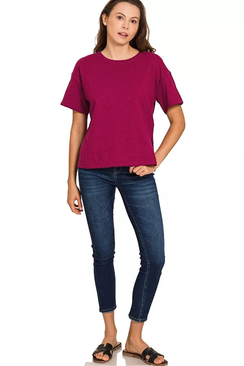 Cotton Slub Short Sleeve Tee worn with jeans and sandals, showcasing everyday comfort and casual style.