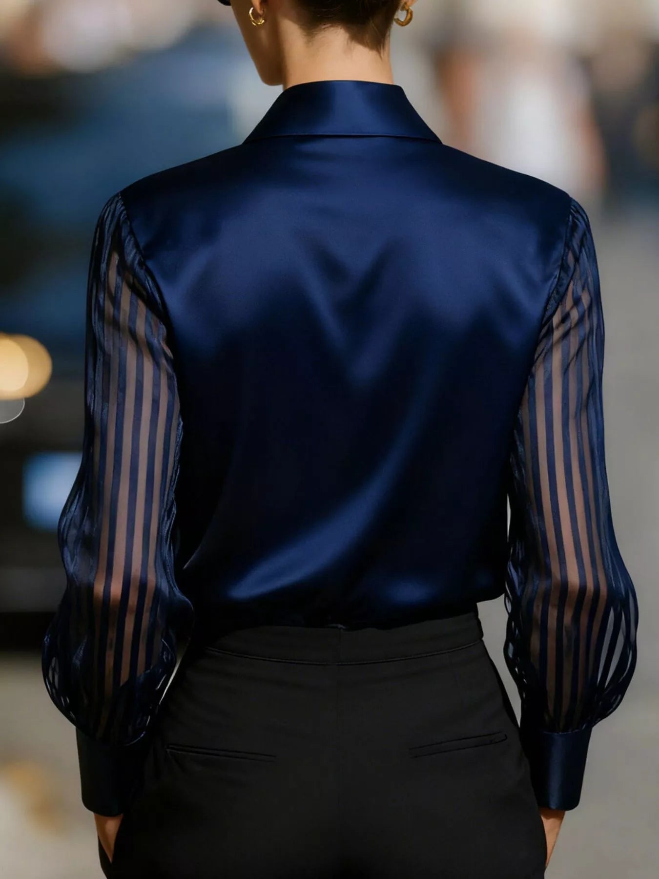 Striped Sheer Long Sleeve Shirt showcasing a stylish back view with sheer sleeves.