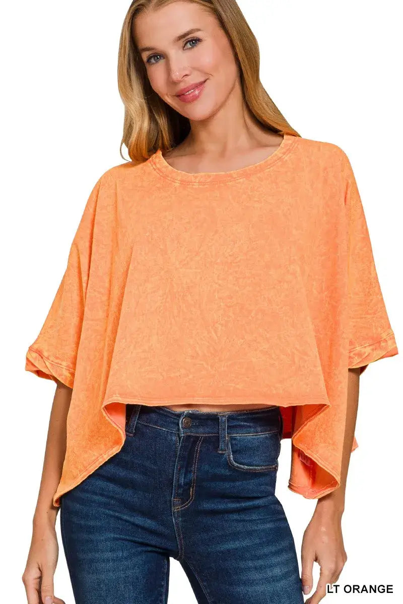 Zenana Premium Cotton Crinkle Wash Oversized Cropped Tee in vibrant orange color, styled with jeans.