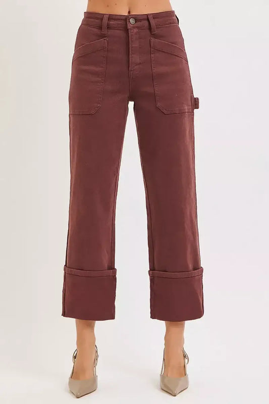 RISEN High Rise Wide Straight Cuffed Jeans featuring a trendy cuffed hem and flattering high-rise fit, perfect for everyday style.